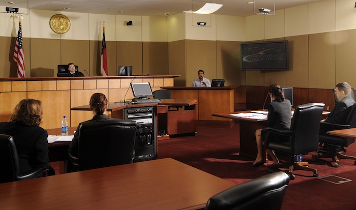 Elon Law students engage in trial practice in the Robert E Long Courtroom of the law school